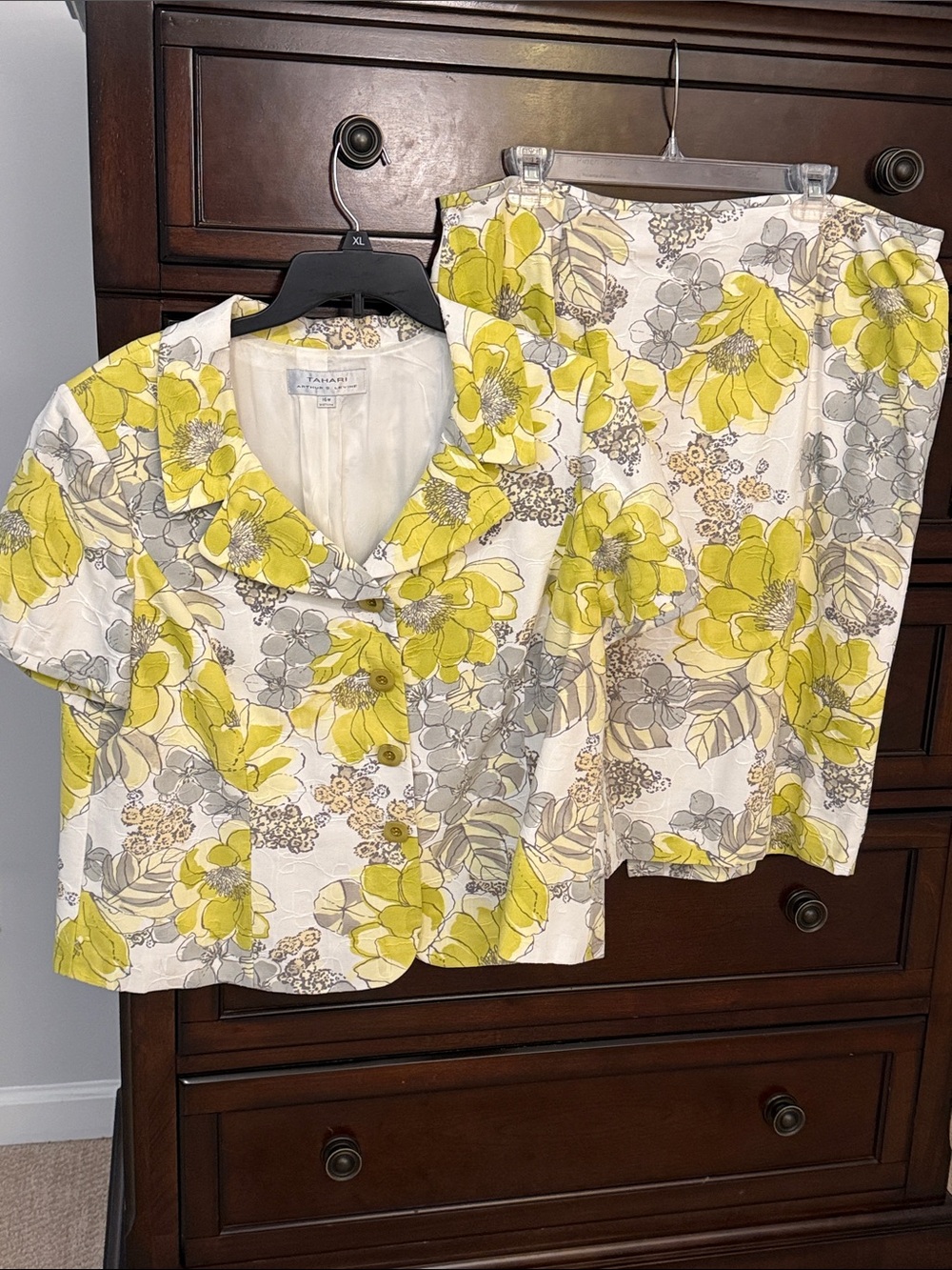 Tahari Yellow and Gray Floral Skirt Suit